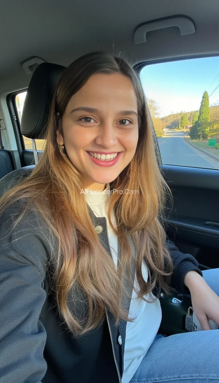boring low quality snapchat photo circa 2015, A young woman with a warm smile, sitting in the driver's seat of a cozy car. She has soft, wavy brown hair cascading past her shoulders. The sunlight streams through the window, casting a gentle glow on her face. The interior of the car is neat and comfortable, with a coffee cup in the cup holder and a small plant on the dashboard. The background outside the window shows a scenic road lined with trees and blue skies