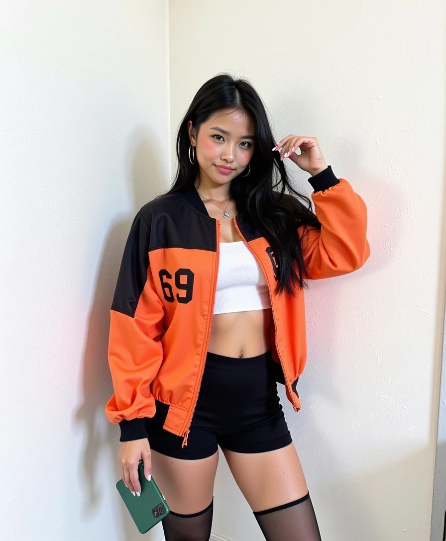 This photograph captures Amy standing against a plain white wall with a slightly textured surface. She has a slender physique with a medium skin tone, long, straight black hair, and is wearing a vibrant, athletic-style jacket. The jacket is predominantly orange with black panels on the left and right sides, featuring the numbers "69" in bold, black print on the left chest. The jacket is zippered and has long sleeves, which are rolled up slightly to reveal her toned arms. She pairs this with high-waisted black shorts that accentuate her legs, and she is also wearing black knee-high socks.

Her outfit is complemented by a white tank top underneath, which is partially visible at the neckline. She accessorizes with gold hoop earrings and a delicate necklace. In her right hand, she holds a green smartphone, and her left hand is raised, with her fingers gently touching her hair. The background is minimalistic, focusing all attention on her, and the lighting is soft, highlighting her features and the textures of her clothing. The overall mood of the image is casual yet stylish, with a hint of sporty flair.
