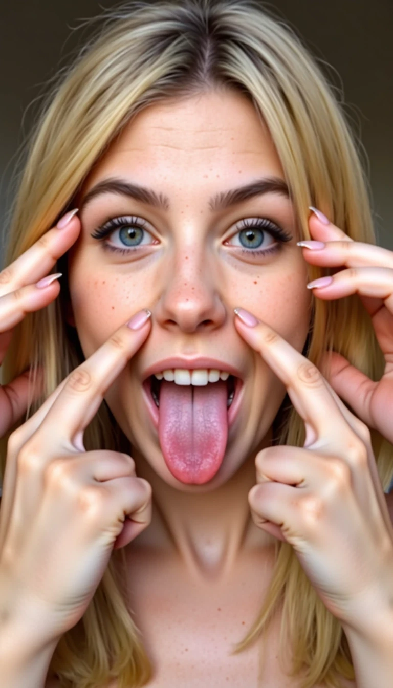 CSTMDL, This is a close-up photograph of an explicit sexual scene involving a Caucasian woman with long, straight blonde hair. The woman, who appears to be in her mid-20s, has fair skin and is wearing heavy makeup with dark purple eyeshadow and mascara. She is positioned centrally in the image, with her mouth open and her tongue sticking out. Surrounding her are several erect penises, all of which are circumcised and of varying shades of brown, suggesting they belong to different individuals. The penises are positioned around her face, with some touching her cheeks and others near her mouth. The background is out of focus, making it difficult to discern any specific details, but it appears to be an indoor setting with muted lighting. The image is highly explicit and intended for adult viewers. The photograph is likely taken in a studio setting, given the controlled lighting and sharp focus on the subjects. The overall composition of the image emphasizes the sexual nature of the scene, with the woman’s facial expression and the close proximity of the penises being the primary focus.