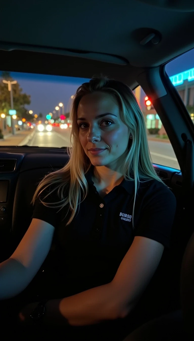 CSTMDL, Hailey, Hyperrealistic cinematic portrait of an early 20 woman driving her silver Toyota Corolla 2015 at night, illuminated by soft neon reflections from city lights. She looks relaxed yet slightly tired after work, her long blonde hair gently catching the glow of passing streetlights. she is wearing a fitted black short-sleeved polo shirt, tucked into slim black pants, no visible accessories; The windshield shows blurred reflections of headlights and taillights in motion, creating a dreamy atmosphere. A subtle warm light highlights her face while cool blue tones from the dashboard softly contrast. The background hints at urban buildings and quiet streets as she heads toward her apartment. Photorealism, analog film texture, crisp details, cinematic depth of field, night photography aesthetic.