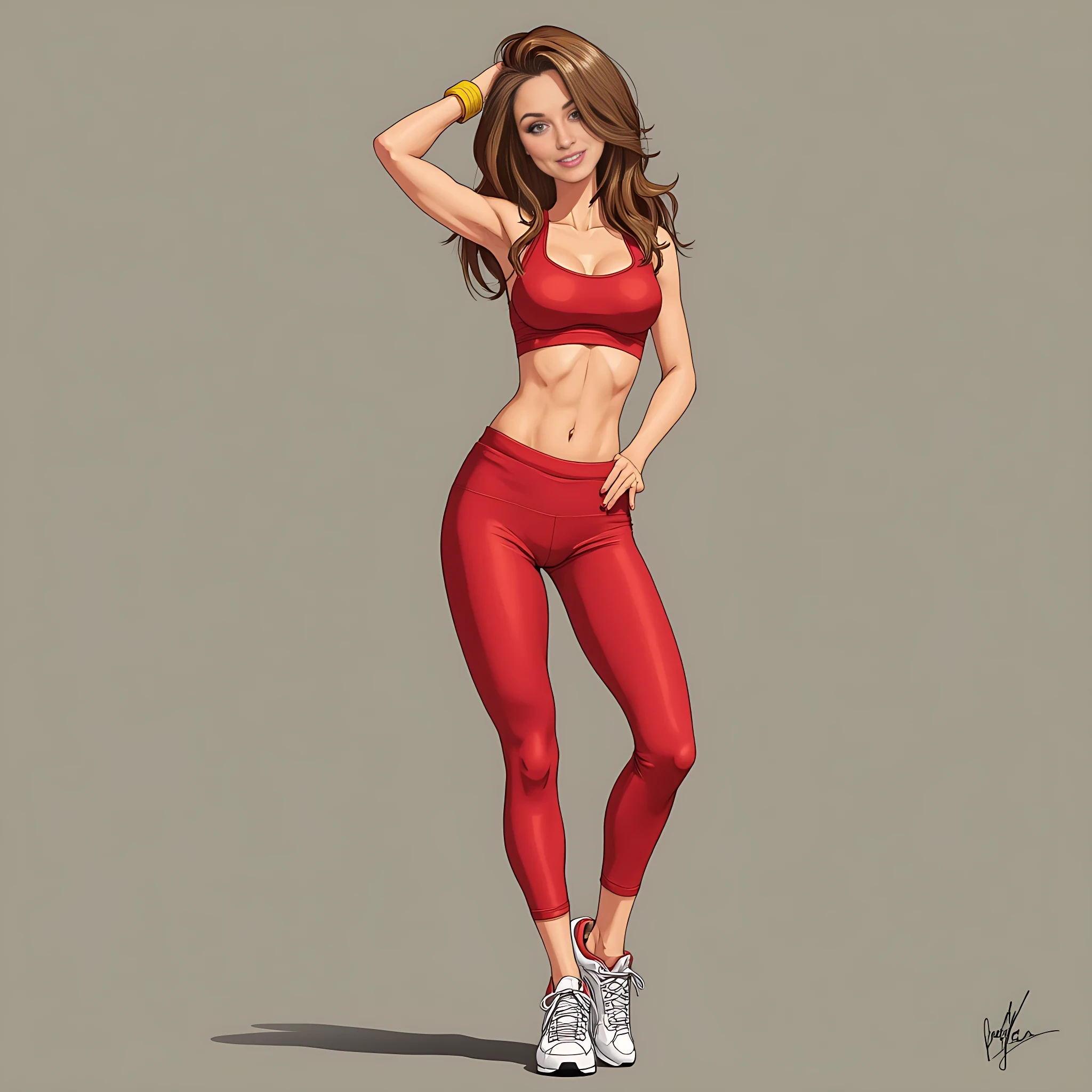 cute slim woman, light brown hair,athletic, hot pants, sneakers, big breasts, sports bra