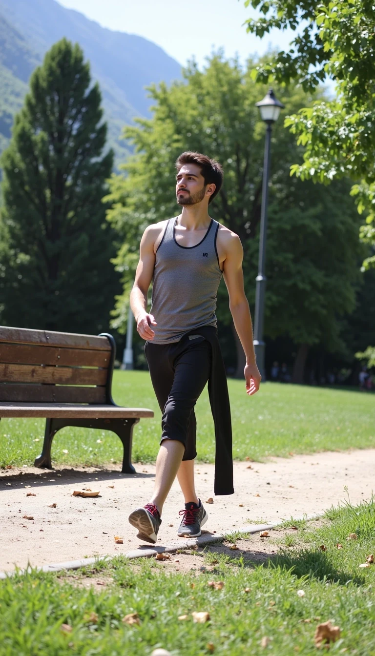 cstmdl. walking in park wearing athletic gear