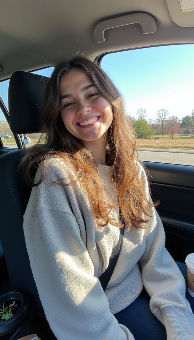 boring low quality snapchat photo circa 2015, A young woman with a warm smile, sitting in the driver's seat of a cozy car. She has soft, wavy brown hair cascading past her shoulders. The sunlight streams through the window, casting a gentle glow on her face. The interior of the car is neat and comfortable, with a coffee cup in the cup holder and a small plant on the dashboard. The background outside the window shows a scenic road lined with trees and blue skies