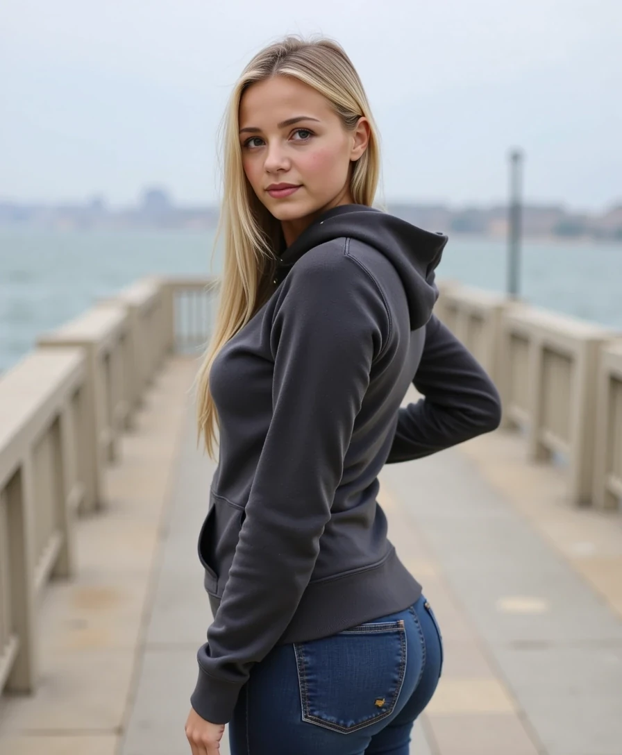 The image is a photograph featuring a young Caucasian woman, CSTMDL, with long, straight blond hair. She walks along a plain pier with a blurred sea in San Antonio, wearing a fitted dark gray hoodie and jeans, twisting to highlight her hips.