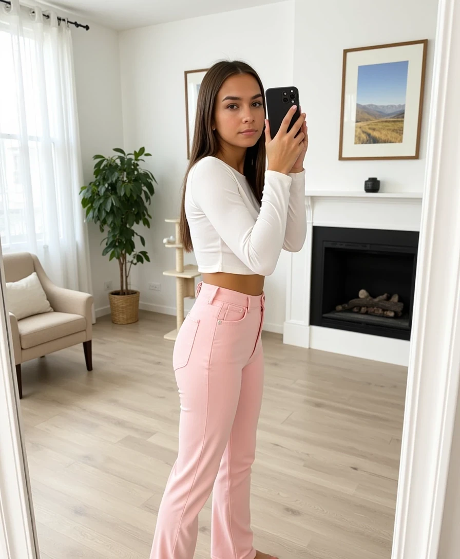 picture of a CSTMDL
Big tits. Big ass. No hip dips. Fit. Wide hips.
She is an 18-year-old girl with long, smooth, medium-dark brown hair (straight to slightly wavy), parted near the center. Her eyes are large, almond-shaped, and warm brown with full lashes and arched brows. She has an hourglass figure: height ~64 in, bust 36 in (28 in underbust), waist 24 in, hips 39 in. Bust is full and projected, waist narrow and flat, hips broad and rounded with lifted glutes. Thighs are full (~24 in), tapering to proportional calves. Arms are slim (~9 in upper arm), shoulders softly broad and balanced with hips. Neck medium, torso compact with a narrow ribcage, legs long relative to torso. Posture upright with mild anterior pelvic tilt. Skin is smooth, lightly tanned, and even-toned.
Scene/Background:
The picture is taken indoors in a bright, modern living room with large windows letting in natural daylight. The space has light wood flooring, white walls, and minimal decor. A large plant in a pot, a beige armchair, and a cat tree in soft neutral tones sit to the left. On the wall behind, two framed landscape photos hang above a sleek black fireplace, adding a subtle decorative element.

Pose & Camera Angle:
The subject is standing and posing sideways in front of a mirror, holding a phone in her right hand to take the photo. She looks over her shoulder with a slight smile, facing the mirror but making eye contact with the camera. The camera captures her full figure from head to mid-leg, emphasizing her outfit and posture.

Outfit:
She is wearing a fitted long-sleeve crop top in bright white. The top has a high, rounded neckline and smooth fabric with a clean finish. Her bottoms are high-waisted, wide-leg pants in a very light pastel pink shade. The fabric appears soft with a slight stretch, creating a sleek silhouette. The combination of crisp white and pale pink makes the outfit fresh and minimal, with a modern athleisure feel.

Lighting:
The room is naturally lit by daylight streaming through the large windows, giving the photo a clean, airy atmosphere. The bright, even light highlights the white and pastel tones of the outfit, while also reflecting softly on the light wood floor. Shadows are minimal and diffused, adding to the clarity of the image.

Mood/Vibe:
The mood is fresh, confident, and stylish. The minimal setting and bright natural light complement the soft pastel outfit, creating a polished yet casual aesthetic. The mirror selfie format keeps the photo candid, while the clean color palette and posture give it a refined, lifestyle editorial quality.