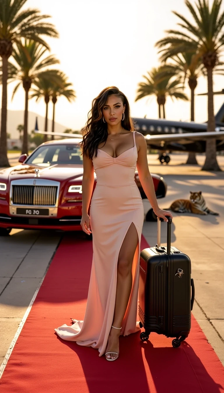 thick, curvy, sexy, showing cleavage/big breast, straight haired 155 lb Alice: A cinematic, photorealistic image of Alice stepping gracefully onto a red carpet beside a sleek red Rolls-Royce Phantom and a black private jet under the golden morning sun. Palm trees line the tarmac, their leaves gently swaying in the breeze, framing the luxurious scene. Alice, a confident and elegant woman with bronzed skin, long brunette hair flowing softly, and refined facial features, wears a flowing blush-pink designer gown that catches the light beautifully. She holds a stylish travel suitcase, exuding the aura of power, wealth, and effortless sophistication. Pet tiger laying next to the Rolls Royce Phantom. The setting glows with warm sunlight, creating soft reflections on the Rolls-Royce and jet, symbolizing success and high-society glamour. 8k ultra-detailed realism, luxury travel editorial, cinematic composition, soft golden light, professional fashion photography 



