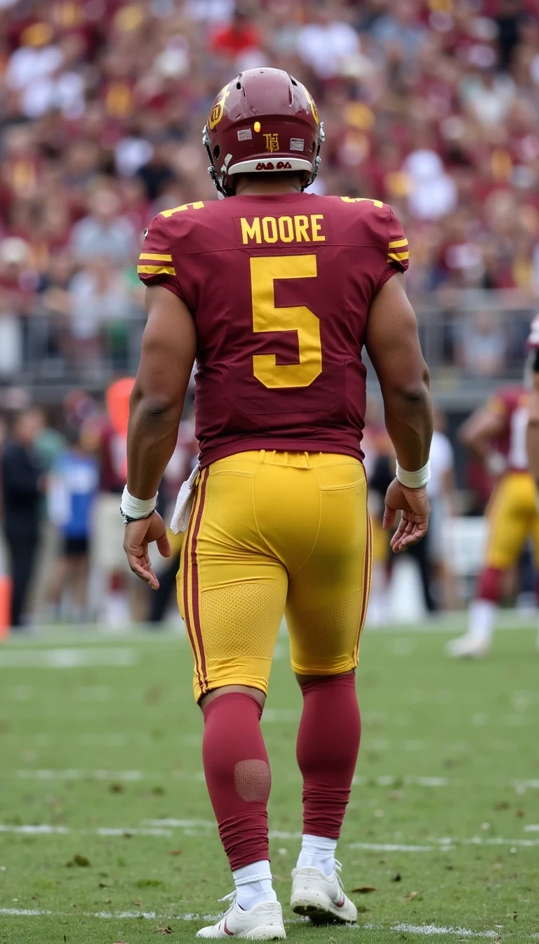 Back turned with Moore on Jersey Gritty 90’s, wearing Arizona State university (yellow pitch fork logo)#5 football jersey, standing on sideline, Adidas logo on Pants and Jersey, playing QB, far view same face of Carter with bald head, skinny and younger look, cstmdl