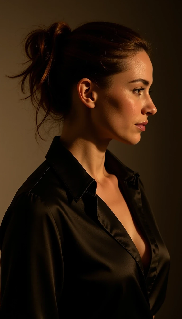 Model age: 30
Ethnicity: French
Style: Powerful, Elegant, Editorial, Dark Glamour, CSTMDL woman
Side profile with hair in a bun, wearing black satin blouse, ambient glow, refined authority