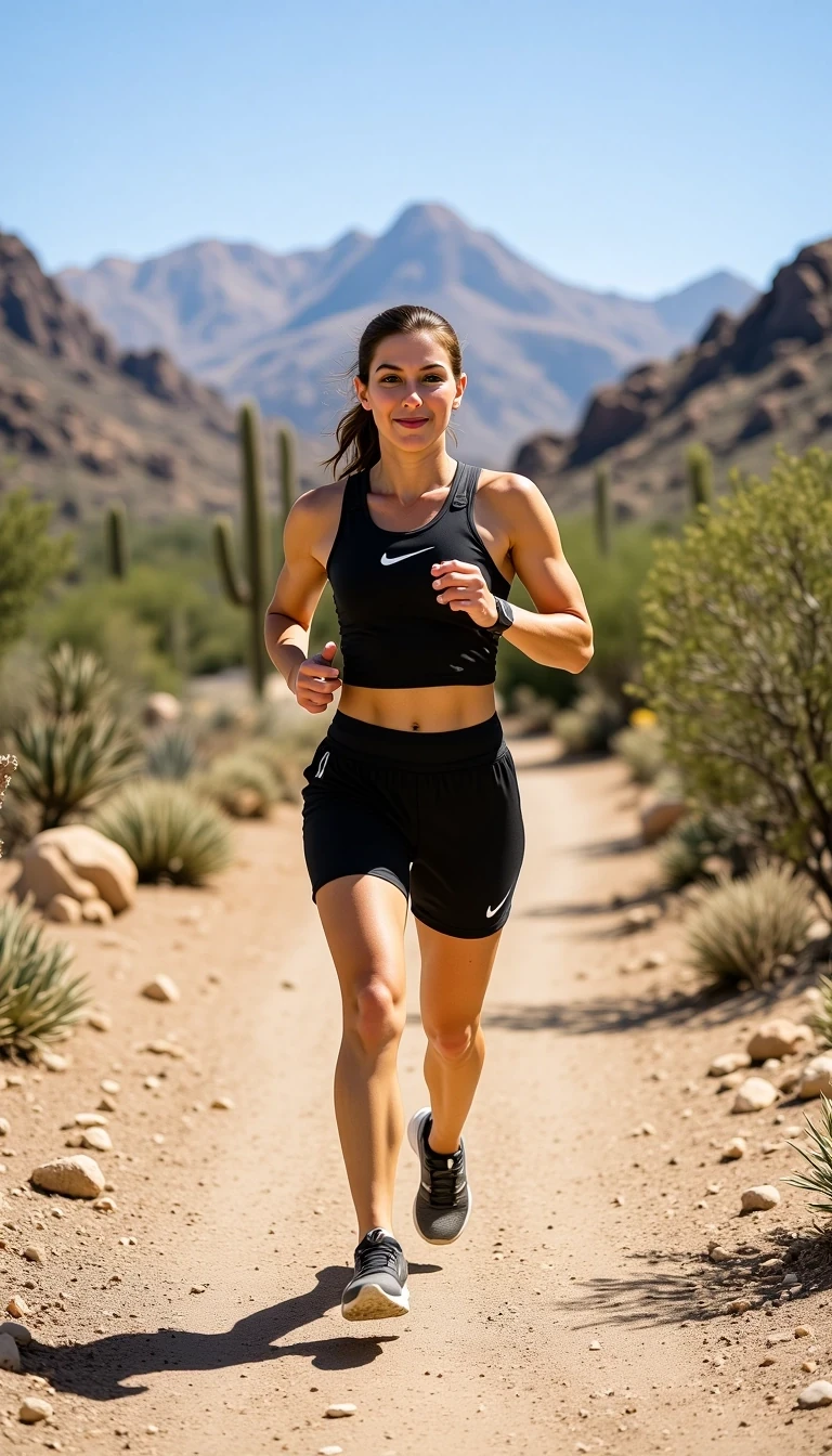 Cstmdl, slim athletic build, chestnut brown ponytail, jogging along scenic desert trail in Arizona. Wearing high waisted black nike bike shorts,cropped athletic tank top, and trail running shoes, with a small hydration pack on back