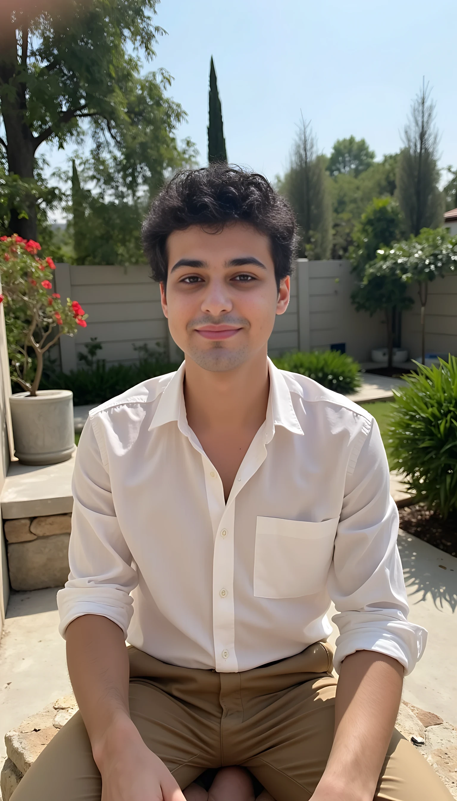 Boring, low-quality Snapchat photo of a handsome 20-year-old man with a gentle smile, CSTMDL style. Taken in a sunny, elegant garden terrace of a mansion. He's wearing a white button-down shirt loosely tucked into tan pleated trousers, no shoes, sleeves rolled, sitting on a stone bench. Relaxed pose, grainy low-res look, soft focus, natural sunlight overexposing parts of the frame, like a casual Snapchat snap.


