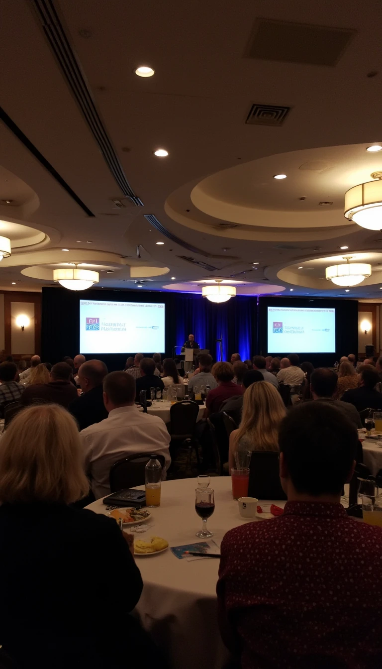 Delegates at a business conference in Nashville sitting in a big meeting room watching a presentation. 