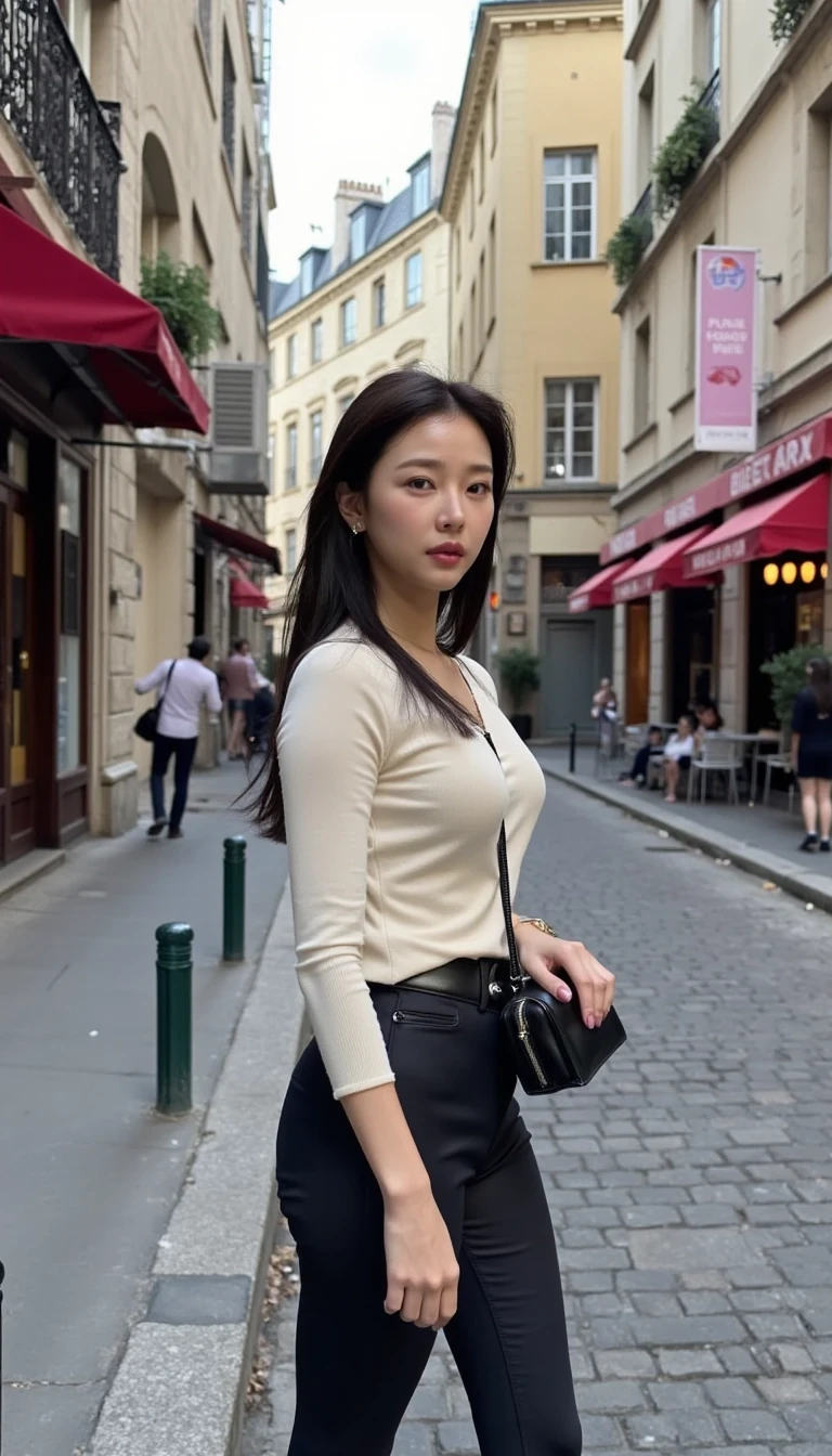 A stylish Korean woman, slender and fashionable, confidently standing on a chic Parisian street, looking directly at the camera. her outfit exuding effortless elegance, and sexy. The scene is captured in a medium shot, with the iconic Parisian architecture and cobblestone streets softly blurred in the background. Her confident gaze and poised posture highlight her sophistication, creating a captivating blend of luxury and modern urban life