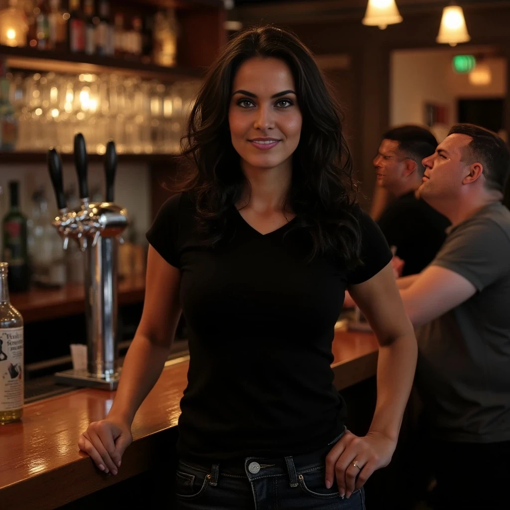 Photo of VEX, athletic female bartender with wavy dark hair, subtle curls flowing over shoulders, wearing a tight black pub t-shirt and fitted jeans, standing behind a wooden bar counter, beer taps and glasses in background, warm moody pub lighting, realistic setting with visible patrons blurred in the background, slight smile, natural expression, photorealistic lighting, same face and body as reference, candid style, no white studio background, real environment