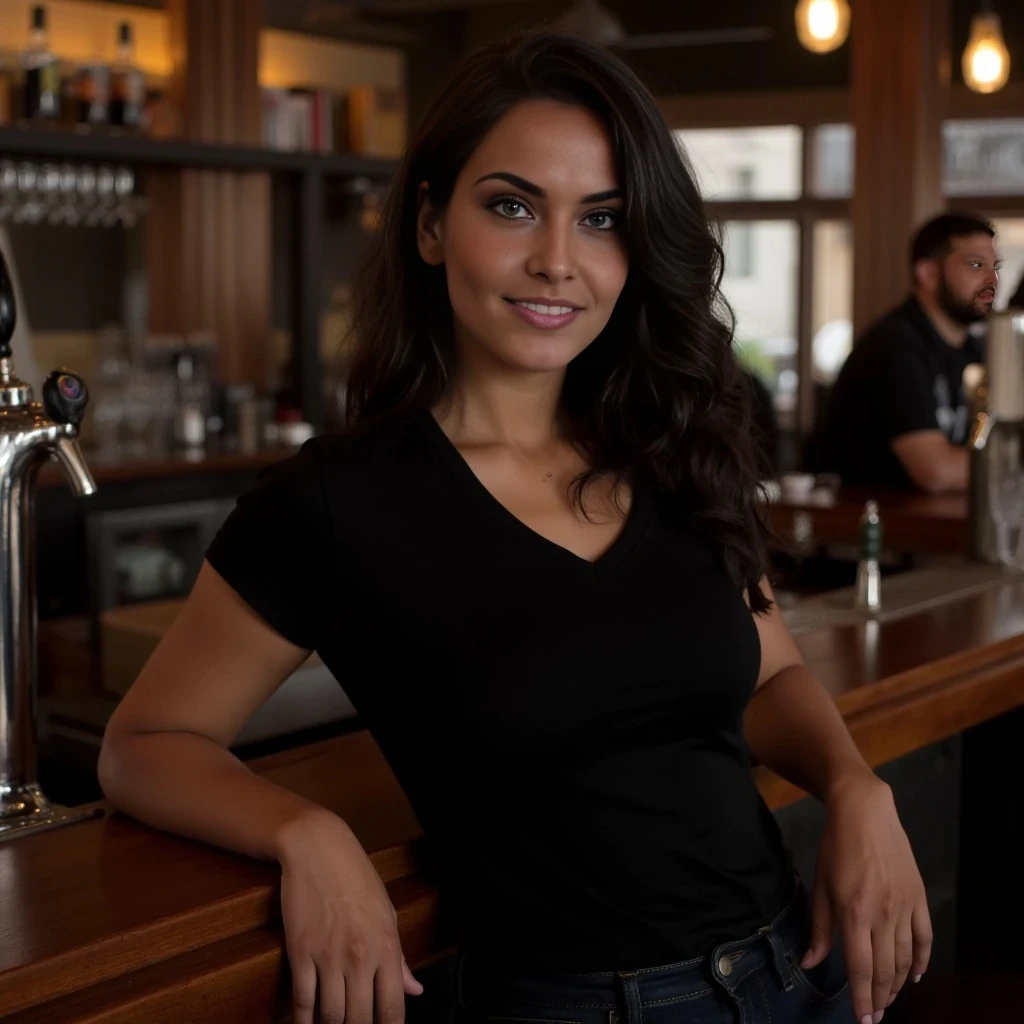 Photo of VEX, athletic female bartender with wavy dark hair, subtle curls flowing over shoulders, wearing a tight black pub t-shirt and fitted jeans, standing behind a wooden bar counter, beer taps and glasses in background, warm moody pub lighting, realistic setting with visible patrons blurred in the background, slight smile, natural expression, photorealistic lighting, same face and body as reference, candid style, no white studio background, real environment