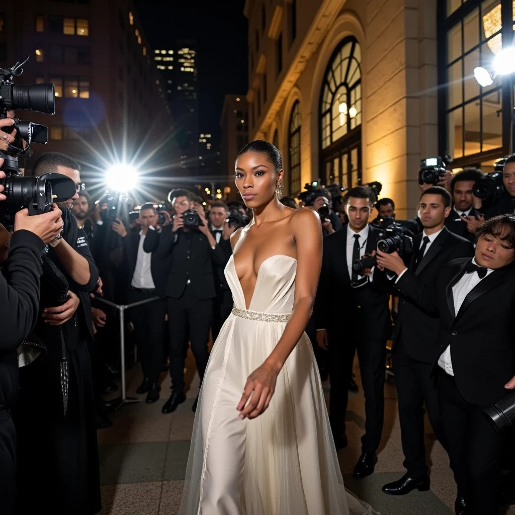 Hotel Entrance Sprint
Shot on Sony A1, 16-35mm f/2.8, ISO 4000, 1/320 sec. Low angle through crowd of photographers. Model in Saint Laurent evening gown leaving Met Gala afterparty. Multiple flash units creating cross-lighting effect on light olive brown skin. Security guards visible in frame. Slight digital noise adds to paparazzi aesthetic. Catching genuine expression as she navigates through crowd. Background: other celebs, flashing cameras, The Mark Hotel facade.
 CSTMDL