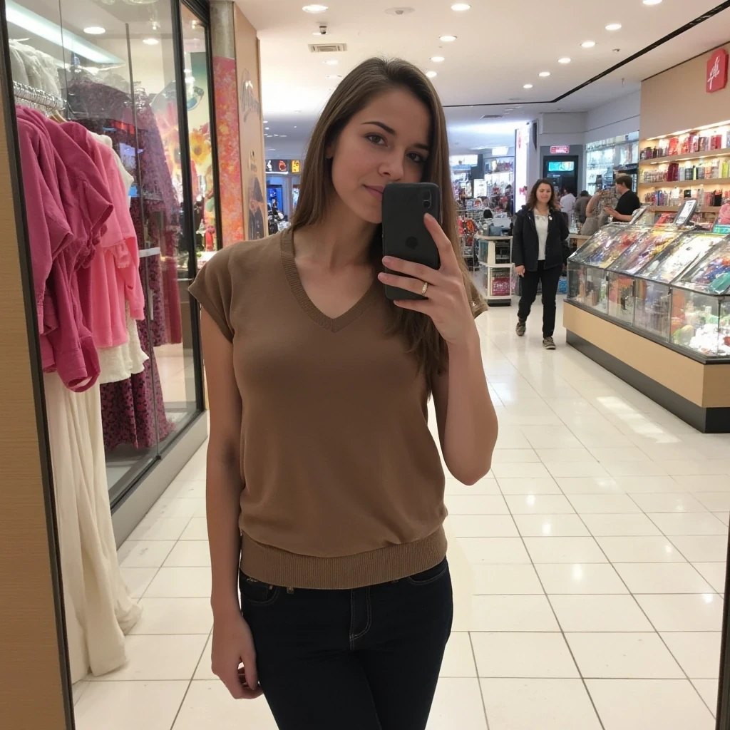 boring low quality snapchat photo circa 2015, average looking woman, full outfit, standing, soft light brown hair, mall background