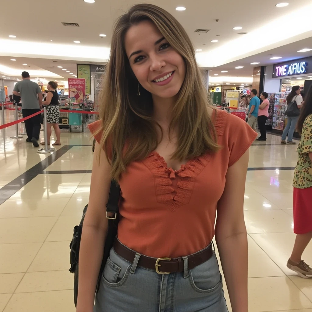 boring low quality snapchat photo circa 2015, average looking woman, full outfit, standing, soft light brown hair, mall background