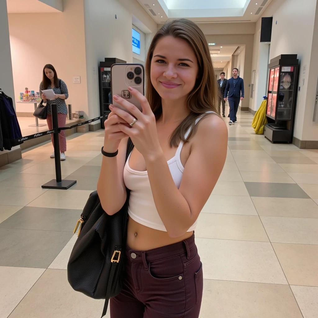 boring low quality snapchat photo circa 2015, average looking woman, full outfit, standing, soft light brown hair, mall background