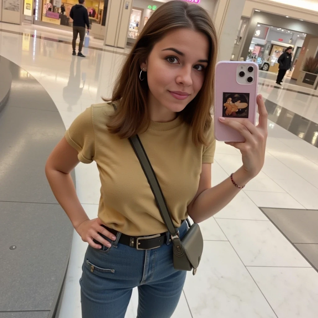 boring low quality snapchat photo circa 2015, average looking woman, full outfit, standing, soft light brown hair, mall background