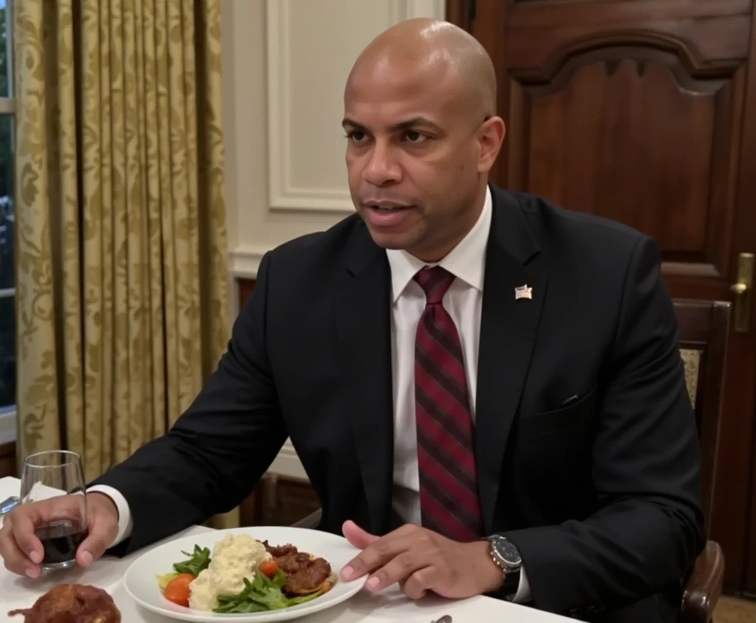 Magazine shoot,  White House dinner, same face of Carter with bald head, lean look, cstmdl