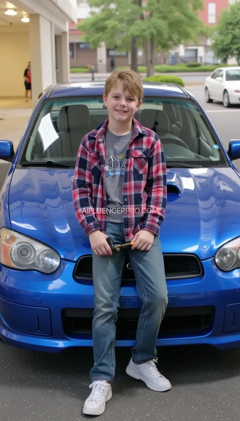14 year old boy in front of subaru car 