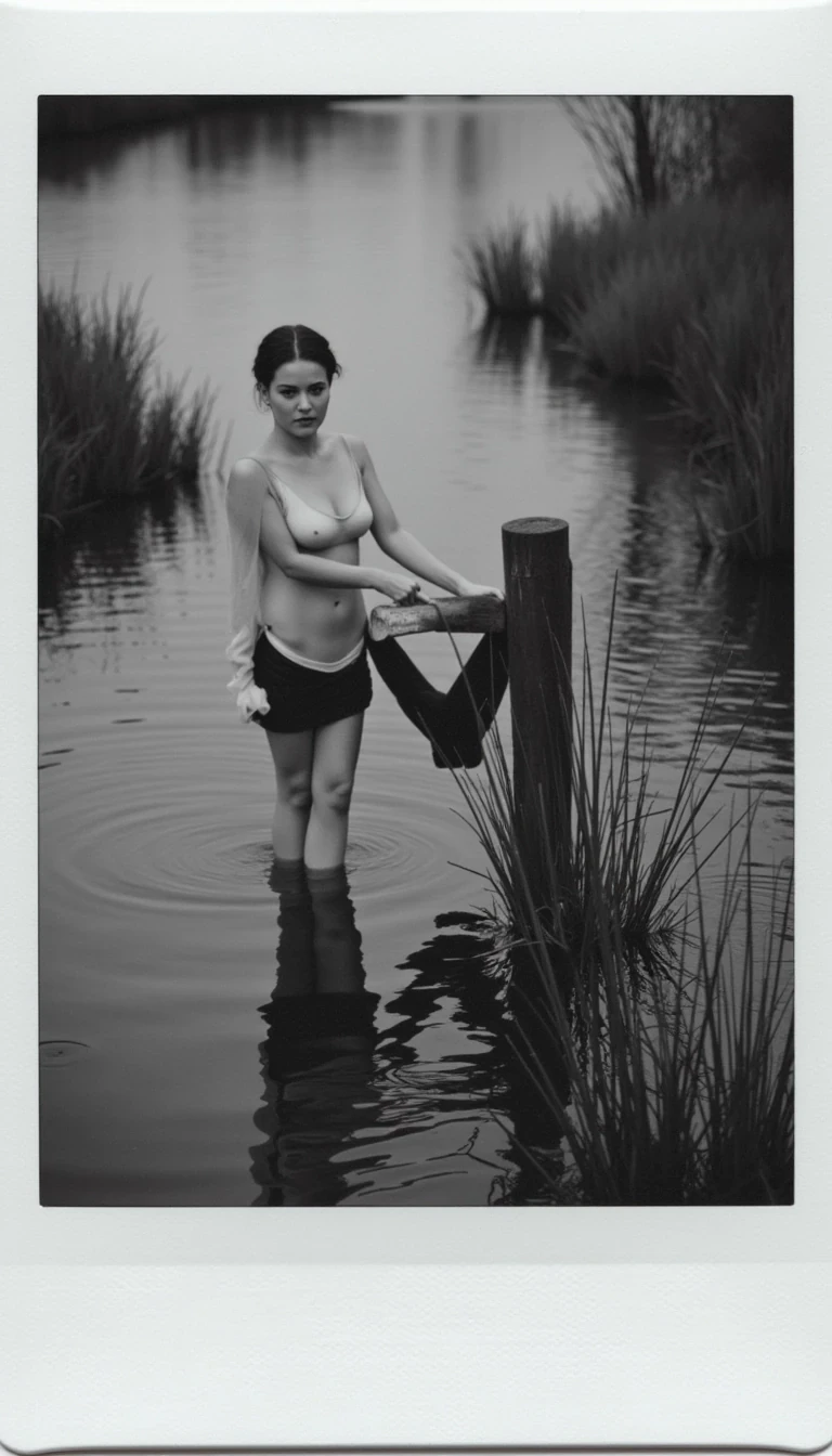 boring low quality snapchat photo circa 2015, black and white polaroid picture of a woman in victorian era. She is wearing victorian era’s skirt and topless showing her bare chest. She is in a water canal doing her laundry.