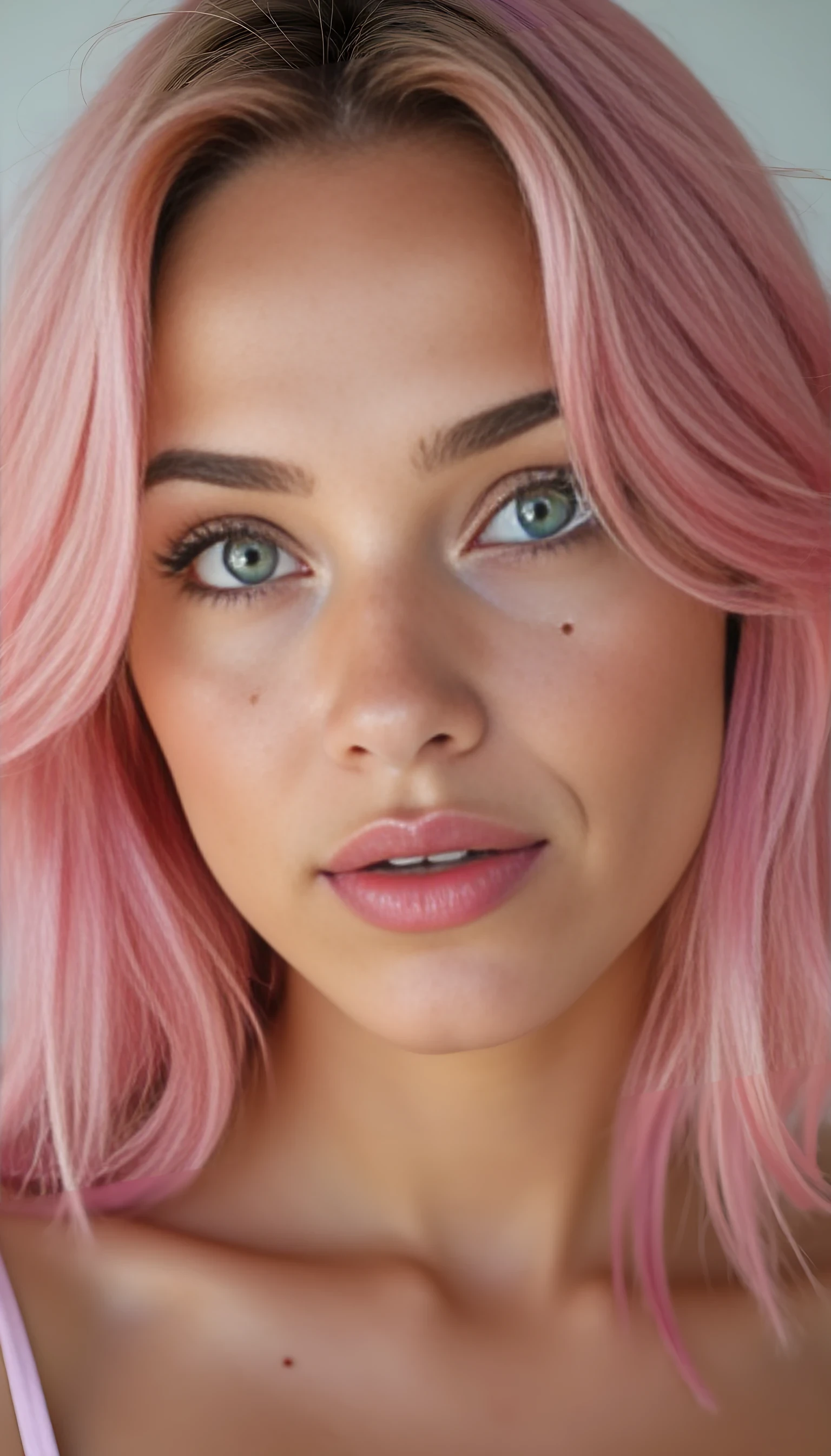 A portrait photo of a beautiful 22 years old model, mixed ethnicity of half white American half Brazilian, with natural pastel pink hair, bright jade green eyes, subtle freckles on her cheeks, ultra detailed eyes with sharp iris reflections, slight smile, studio-quality, extremely realistic HD