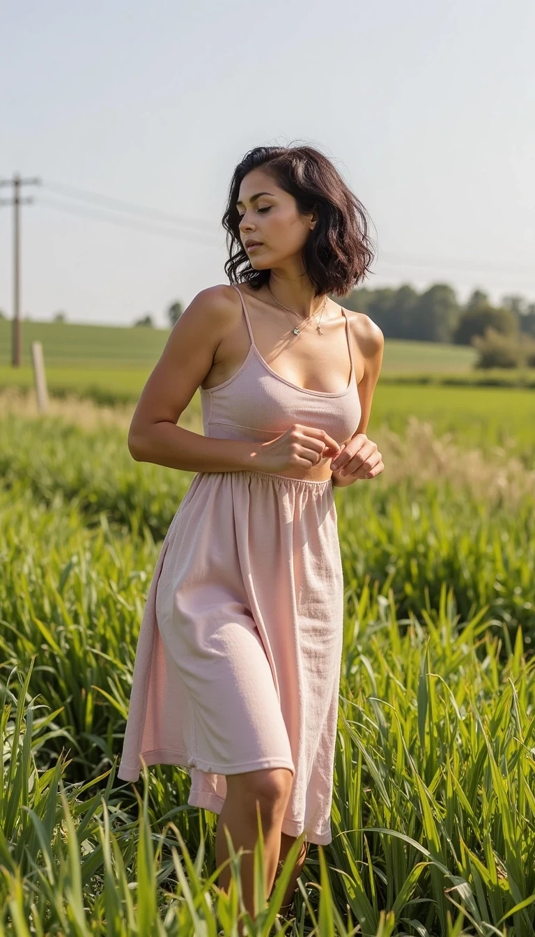 photo of woman CSTMDL, Cottagecore dress in a field