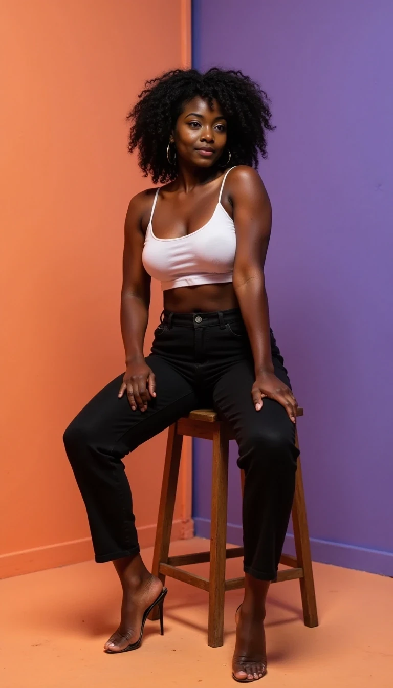 CSTMDL, Gorgeous black woman with flawless dark skin in a professional studio setting, fashionable clothing, vibrant backdrop colors, confident and engaging poses