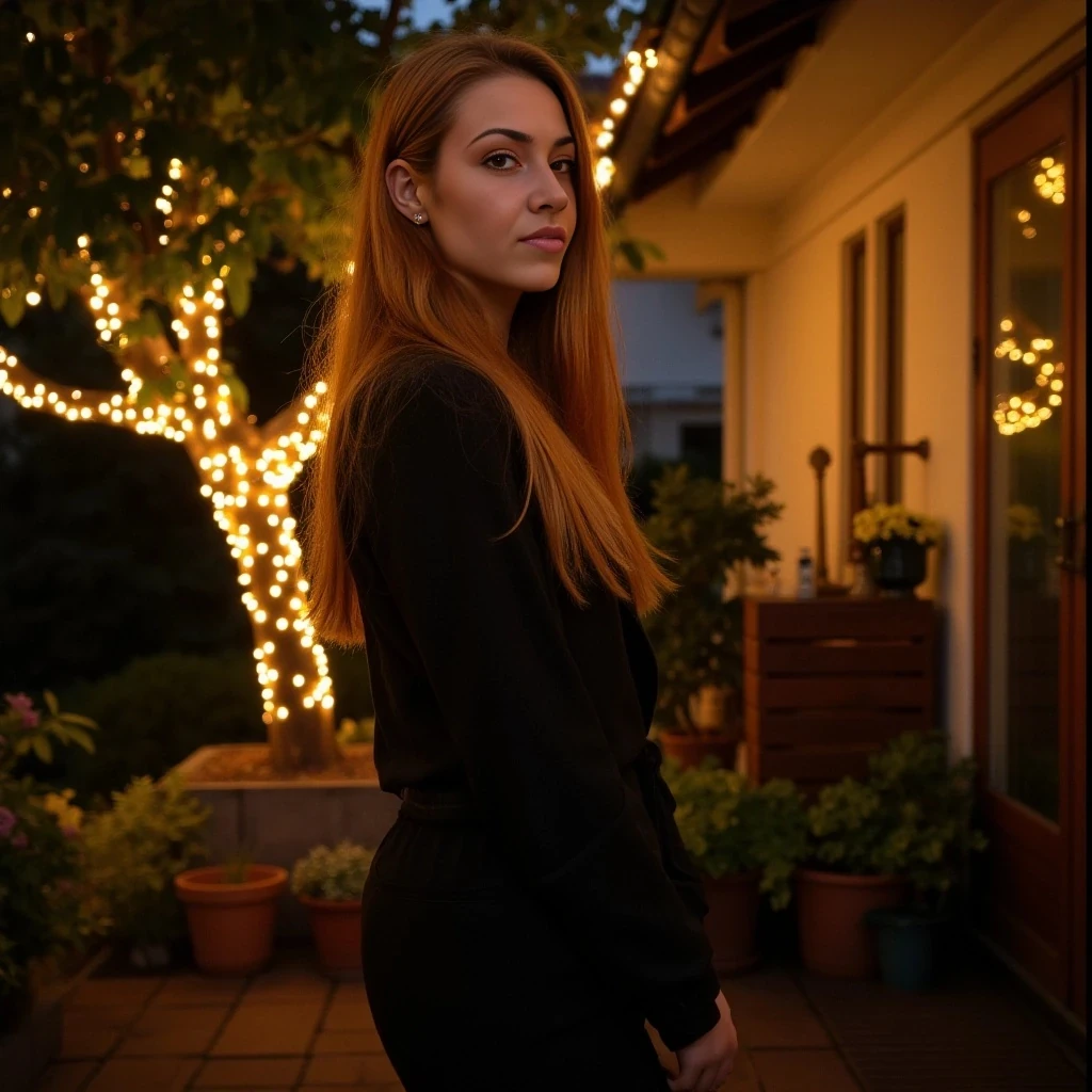A full body shot photo of a woman standing outside the house cozy, warmly lit patio in the evening, with soft, glowing lights wrapped around a tree behind them creating a charming atmosphere. The image is rich in detail, with warm tones and clear textures throughout. The woman has fair skin, a slim build, and long reddish-blonde hair,