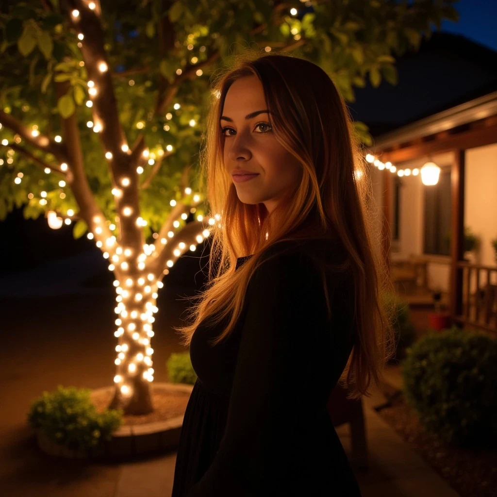 A full body shot photo of a woman standing outside the house cozy, warmly lit patio in the evening, with soft, glowing lights wrapped around a tree behind them creating a charming atmosphere. The image is rich in detail, with warm tones and clear textures throughout. The woman has fair skin, a slim build, and long reddish-blonde hair,