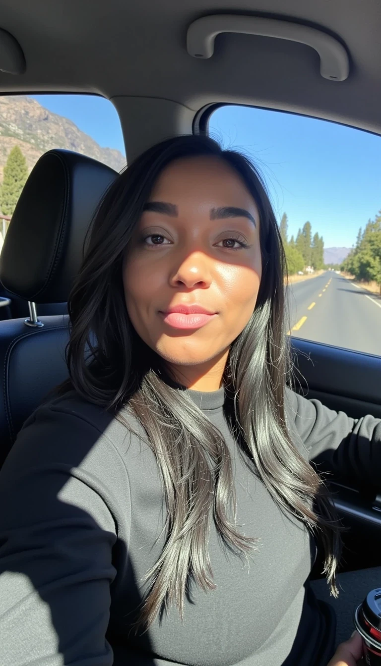 boring low quality snapchat photo circa 2015, CSTMDL, young and very curvaceous BBW woman. The sunlight streams through the window, casting a gentle glow on her face. The interior of the car is neat and comfortable, with a coffee cup in the cup holder and a small plant on the dashboard. The background outside the window shows a scenic road lined with trees and blue skies
