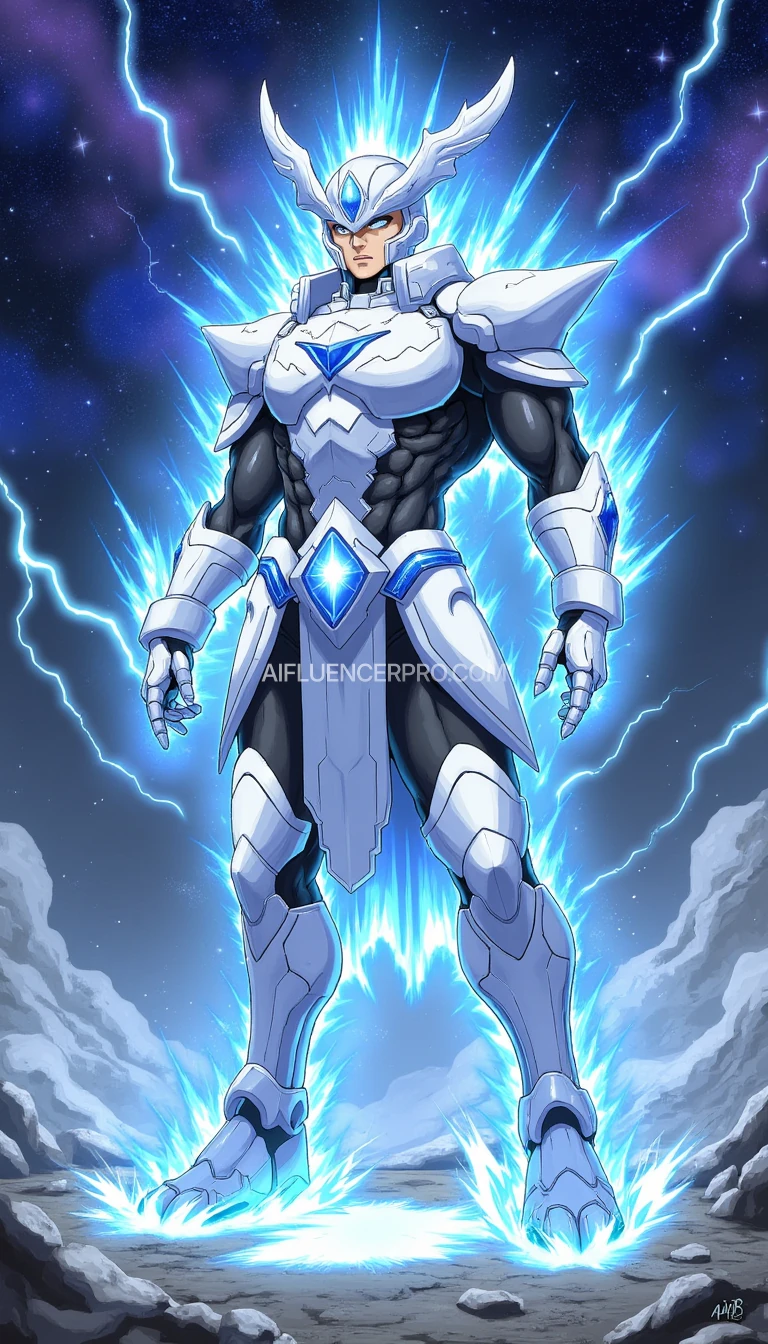 A Full body shot photo. Ancient Wasps, anime style with Ultra Instinct aura,
Armored in a shining and shiny white-blue armor surrounded by an intense energy aura.
The characters have determined expressions and muscular physiques,
and wear White Cybernetic armor with shining blue crystals,
heavy White crystal armor and additional torn clothing as if they had just finished a battle.
The scene is filled with shining energy sparks, ice explosions, lightning cracks,
and a dark cosmic background with blue and purple hues.
The lighting is dramatic, emphasizing the glow of the armor and the energy aura,
with fine details on the arc reactor and body armor showing strength and resilience. Detail, 4K.