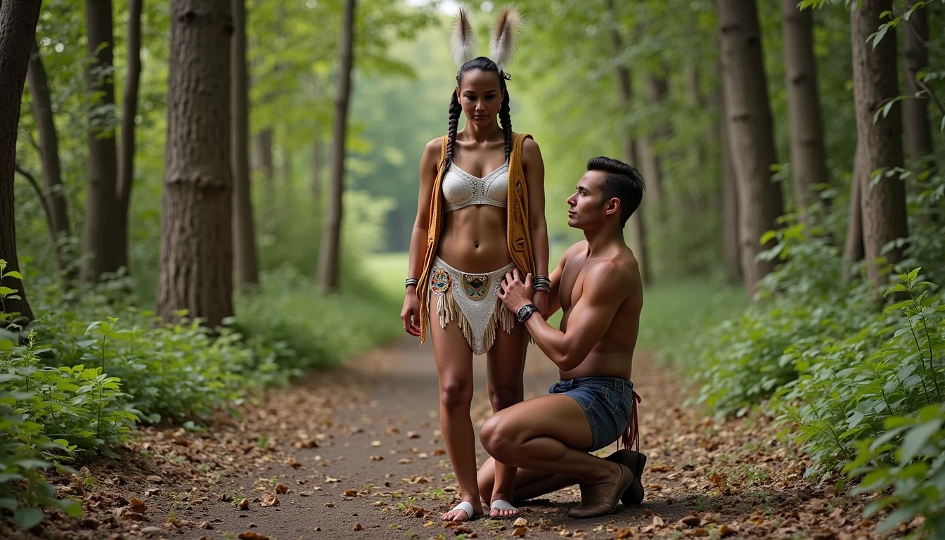 photo of woman CSTMDL, a medium shot photo of, a slim woman, her full body is in the scene, she has a slender petite build with petite small boobs and a flat chest, she has small dark skin nipples with long pointy nipple ducts and small dark skinned areolas, her hair is styled with two long braids she has eagle plumes in her hair, she is not wearing earrings, she is wearing daisy duke denim booty shorts, she is wearing a native American style vest in a golden yellow color over top of her underwear, her vest is open exposing her strapless bra, her bra is a strapless white lace bra, she is wearing white lace panties, she is wearing ankle height smoked hide moccasins, natural lighting, natural light, amateur photography, shot on an iPhone, she is standing with her legs spread wide apart in a densely wooded forest, she is maintaining intense eye contact with the camera, there is a giant native American fat man twice her height kneeling directly behind her holding onto gripping the woman's waistline, the man is holding her in front of him, the man is a real giant twice the height of an average male, public setting, Hyper realism, ultra-sharp focus, highly detailed, natural lighting, natural light, amateur photography,