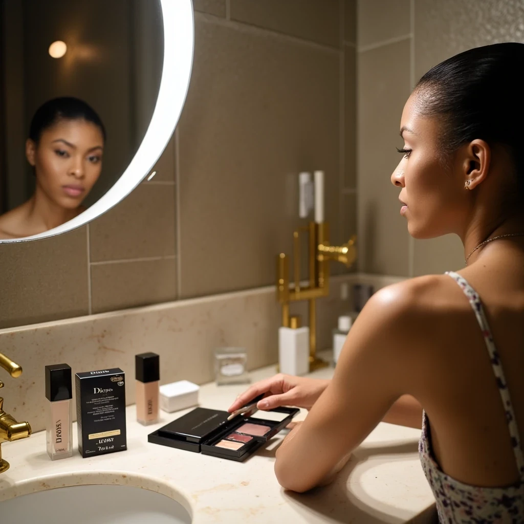 Arrival Prep
Shot on Leica M11, 50mm f/1.4, ISO 640, 1/200 sec. Model touching up makeup in jet bathroom mirror. Dior beauty products displayed. Natural skin texture under vanity lighting. Background: Marble finishes, gold fixtures. Intimate, behind-the-scenes feel.
 CSTMDL