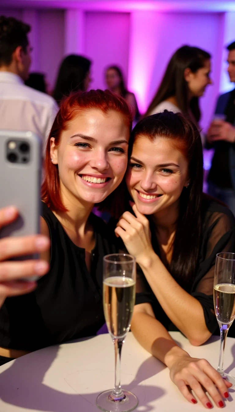 CSTMDL, Isabella red hair green eyes. This is a photograph capturing a lively social scene at a party or event. The image focuses on two women in the foreground, both smiling and appearing to be enjoying themselves. The woman on the left is CSTMDL Isabella shoulder-length red hair and is wearing a black, sleeveless top. She is holding a smartphone in her right hand, taking a selfie. The woman on the right has long black hair and is wearing a black, semi-sheer top. She is leaning in close to the isabella, with her left hand gently touching her face in a playful manner.

In front of them on the table are two champagne flutes, each filled with a light-colored drink, possibly champagne. The background is slightly blurred but shows several other people, both men and women, mingling and chatting. The lighting has a pink and blue hue, adding a festive and vibrant atmosphere to the scene. The people in the background are dressed in casual to semi-formal attire, with some wearing white shirts and others in darker clothing. The overall mood of the photograph is cheerful and celebratory, capturing a moment of friendship and enjoyment at a social gathering.