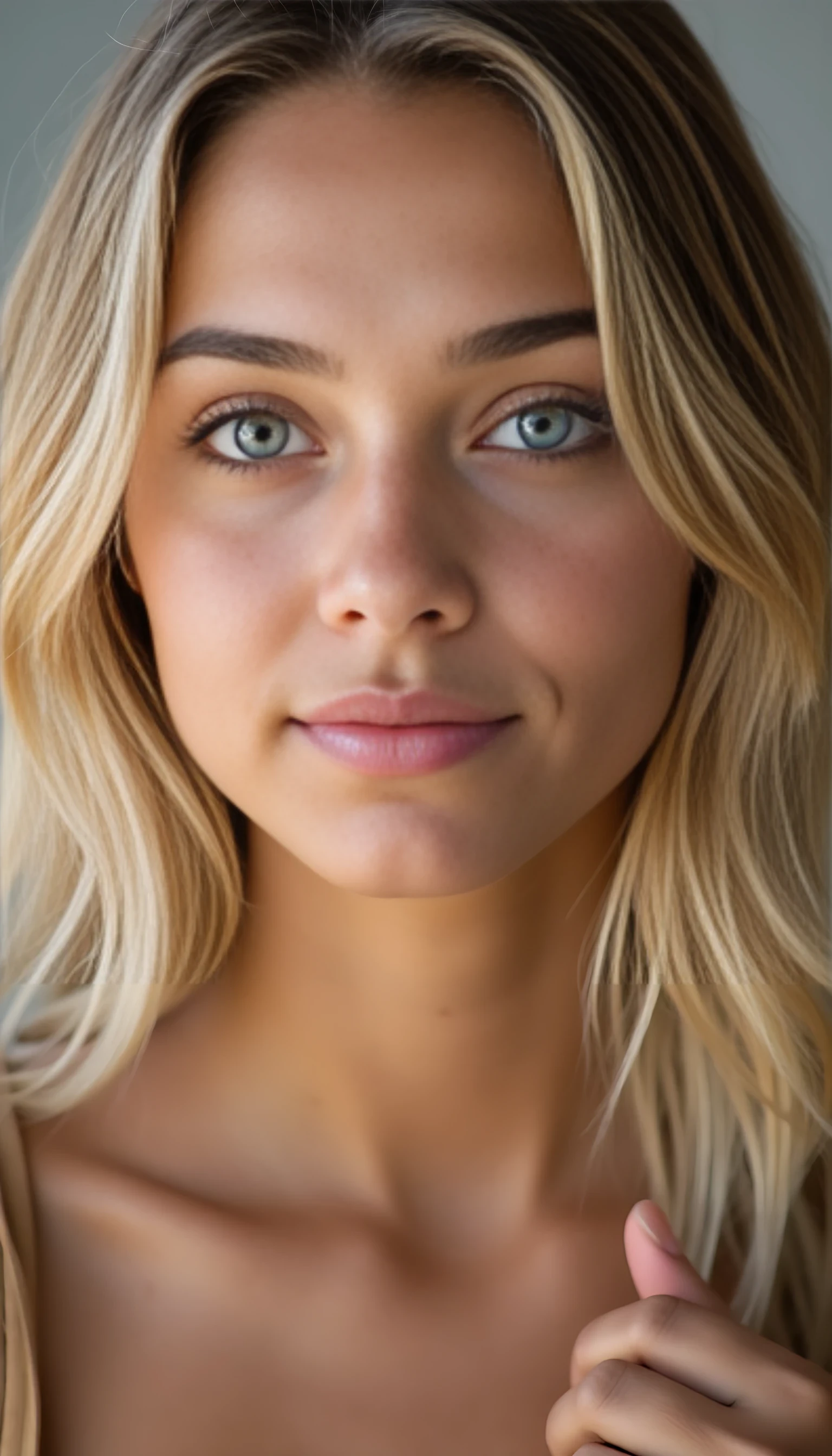 A portrait photo of a beautiful 20 years old young model, mixed ethnicity of half white American half Brazilian, with blonde hair, ultra detailed eyes with sharp iris reflections, slight smile, studio high-quality