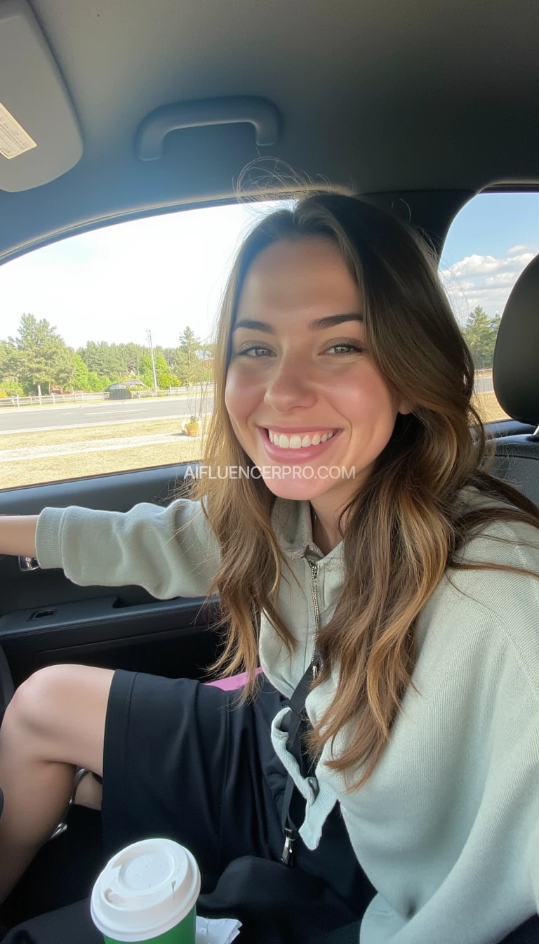 boring low quality snapchat photo circa 2015, A young woman with a warm smile, sitting in the driver's seat of a cozy car. She has soft, wavy brown hair cascading past her shoulders. The sunlight streams through the window, casting a gentle glow on her face. The interior of the car is neat and comfortable, with a coffee cup in the cup holder and a small plant on the dashboard. The background outside the window shows a scenic road lined with trees and blue skies