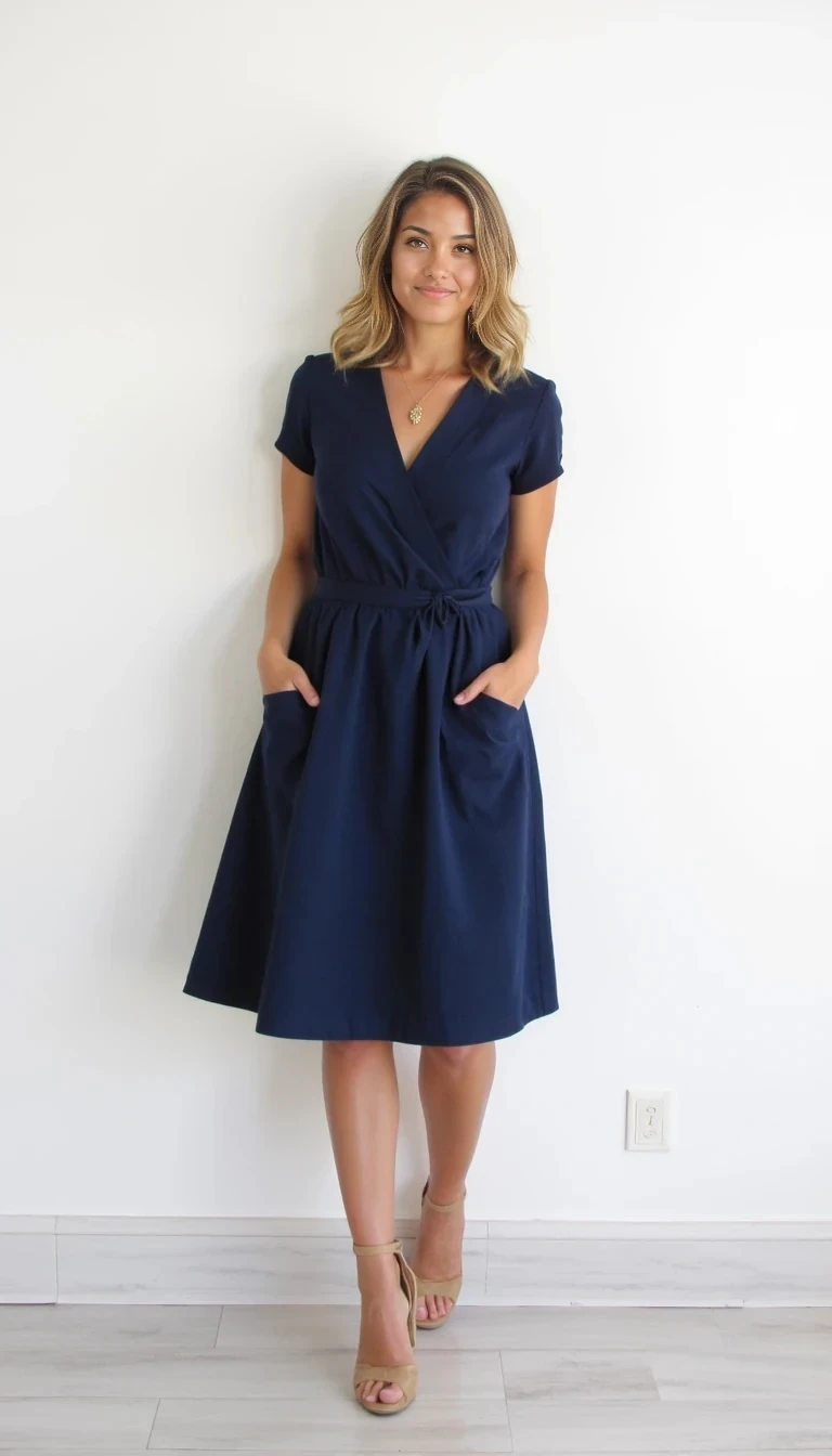 Savannah is standing in front of a white wall in a navy dress