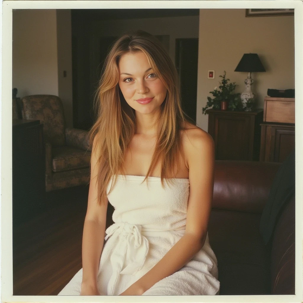 old school 1990s polaroid style, cute 19 year old  woman, soft light brown hair, skinny,petite, sitting on couch in living room, wrapped in towel fresh out of the shower