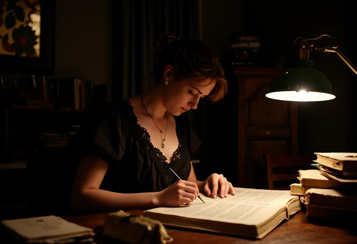 photo of woman CSTMDL, brunette, small pendant, hair tied, blue eyes, black night dress, working late night at her desk. The room is dark, the only light is a Gallé art nouveau desk lamp.
She’s surrounded by old books and sheets of paper she worked on.
She’s surrounded by her works in a beautiful art nouveau room