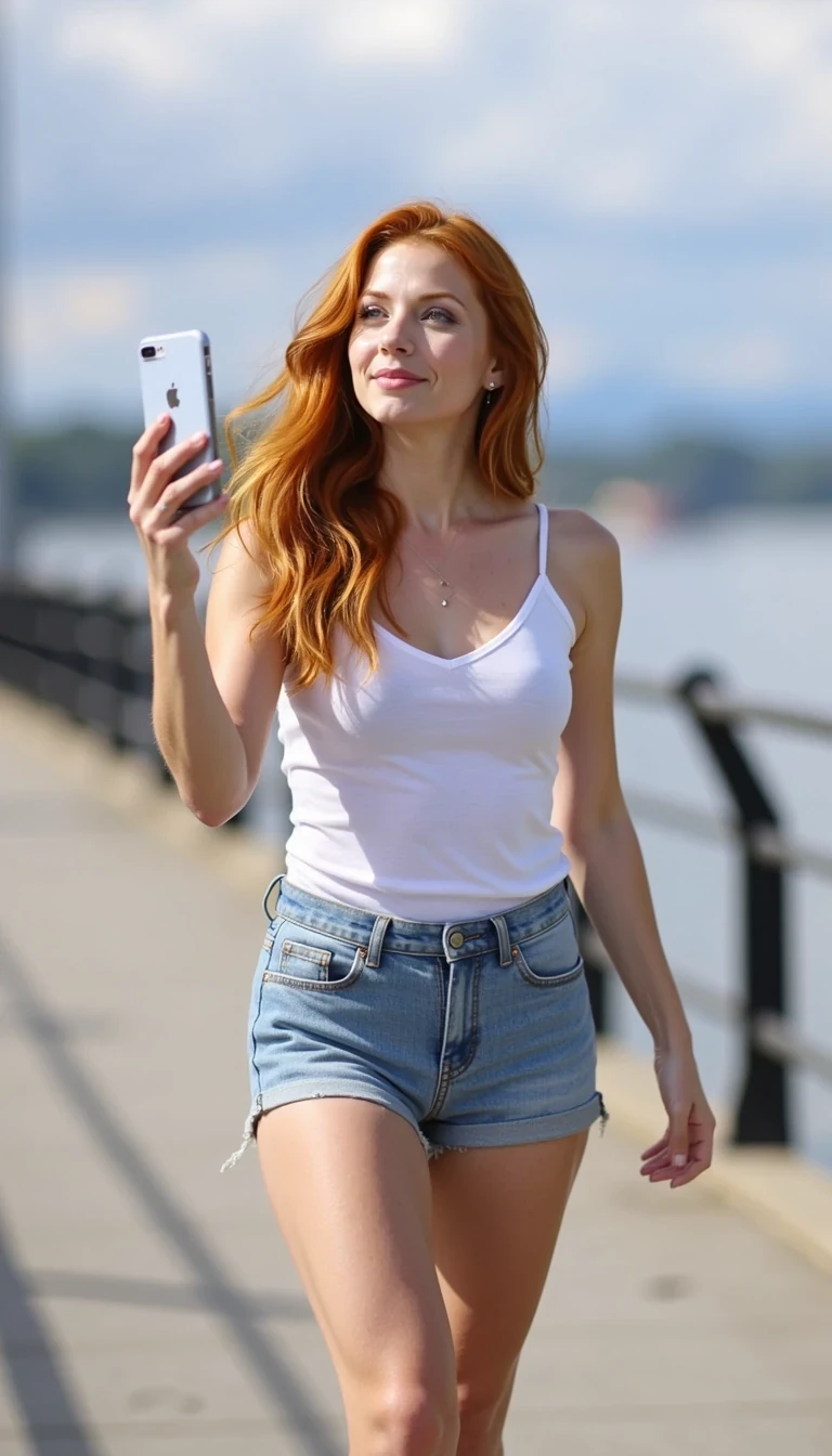 iphone portrait of CSTMDL woman in a white tank top and short jean shorts. Flowing red hair with red eyebrows.  Big Smile he free hand going through her hair, as she is holding her phone with the other hand.  She is walking along the waterfront.  She is looking up at her phone taking a selfie.  It’s a beautiful day along the Columbia river.  