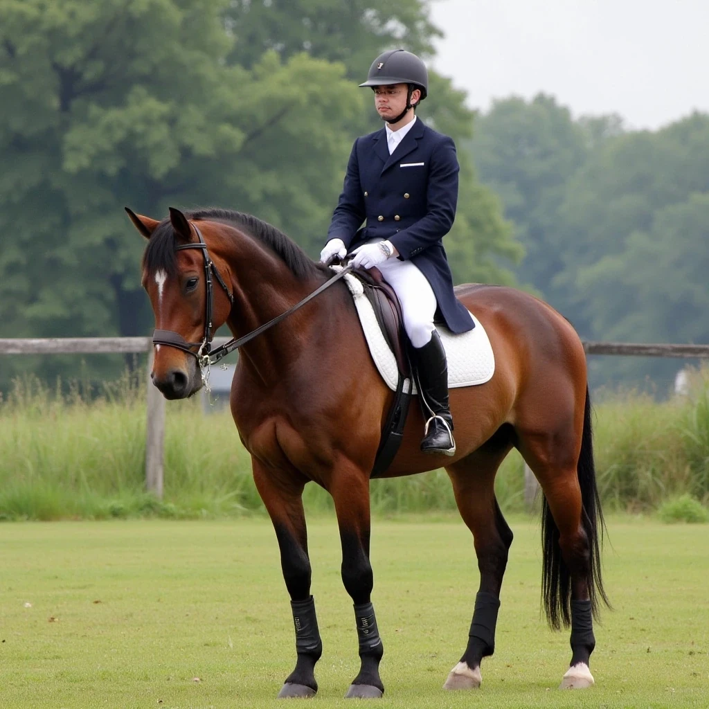 Do a picture of me as a Young Fit and Slim Alex on a horse dressed in formal dressage  gear and riding boots, make it look realistic also 