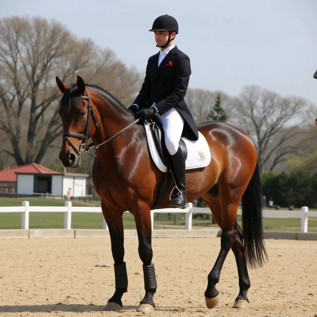 Do a picture of me as a Young Fit and Slim Alex on a horse dressed in formal dressage  gear and riding boots, make it look realistic also 