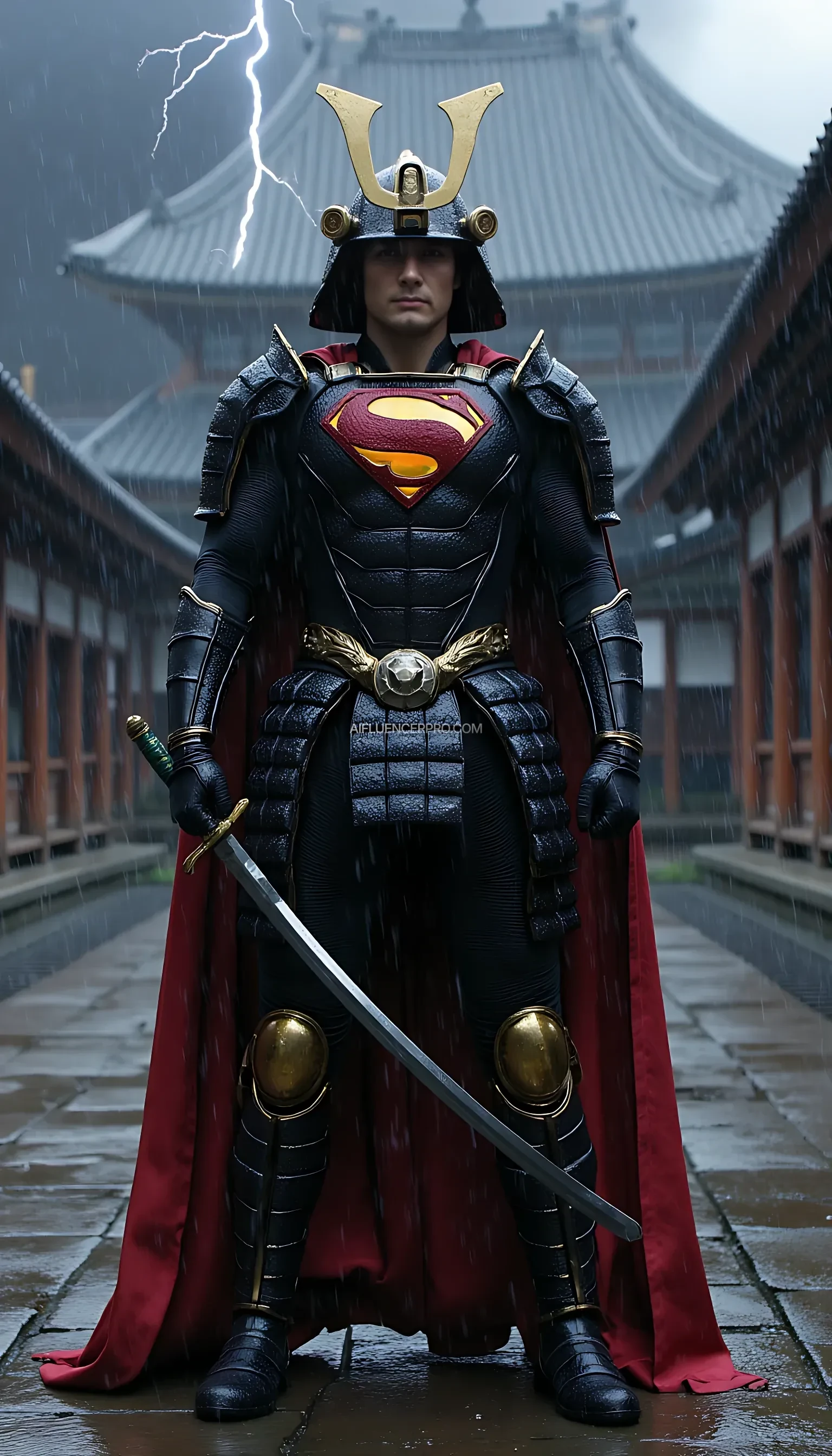A photorealistic Superman wearing a majestic samurai-inspired suit, combining traditional Japanese armor with futuristic design. The samurai armor features intricate, metallic plating, with glowing accents that emphasize the advanced technology within. The iconic 'S' symbol is subtly integrated into the chest plate, radiating an aura of power. He wears a modernized samurai helmet, its sleek lines dripping with rain as water streams down his armor. Superman grips a katana firmly in one hand, the blade shimmering under the pouring rain, while droplets cascade from its edge. The scene is set in an ancient Japanese temple courtyard during a torrential downpour. Thunder rumbles in the distance, and flashes of lightning briefly illuminate the darkened sky. Puddles form on the stone ground, reflecting the temple's towering silhouette. Superman stands poised, his cape soaked and clinging to his body, as he prepares for an intense battle amidst the dramatic, rain-soaked atmosphere.