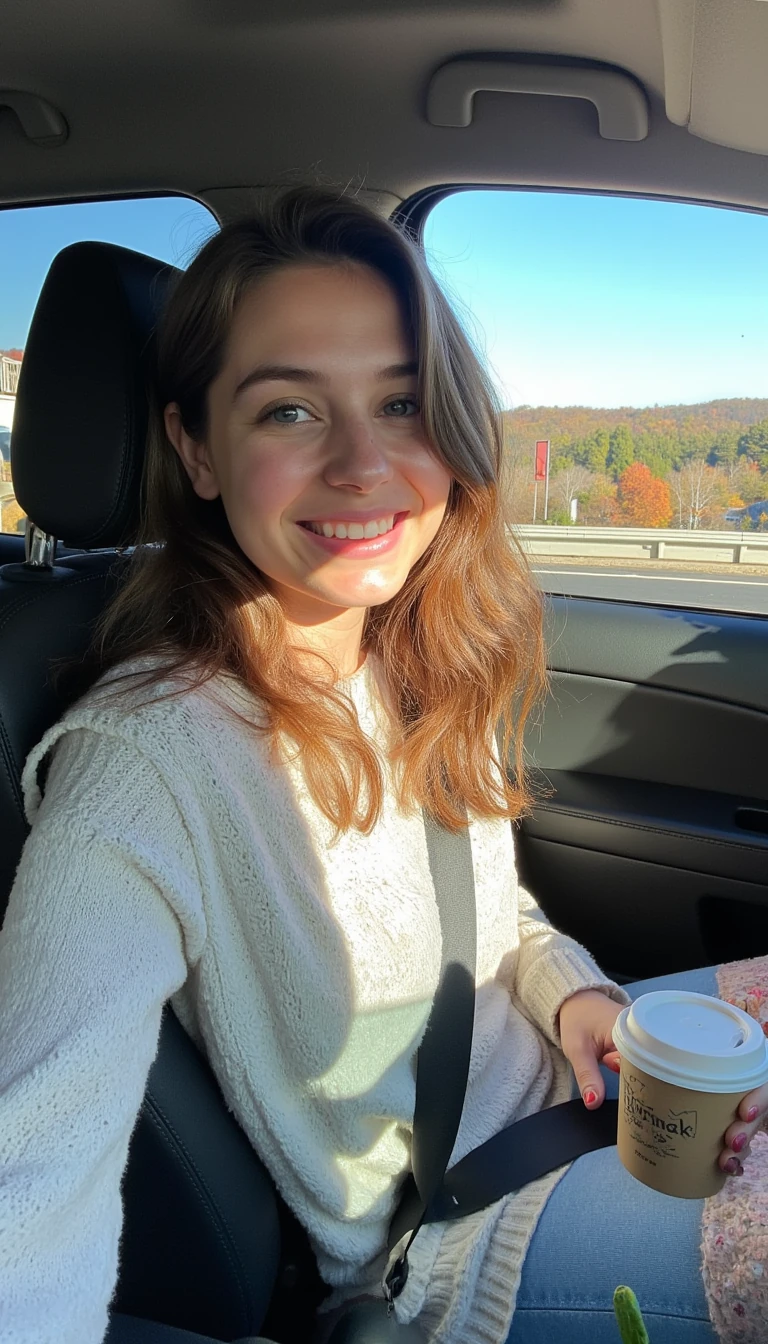 boring low quality snapchat photo circa 2025, A young woman with a warm smile, sitting in the driver's seat of a cozy car. She has soft, wavy brown hair cascading past her shoulders. The sunlight streams through the window, casting a gentle glow on her face. The interior of the car is neat and comfortable, with a coffee cup in the cup holder and a small plant on the dashboard. The background outside the window shows a scenic road lined with trees and blue skies