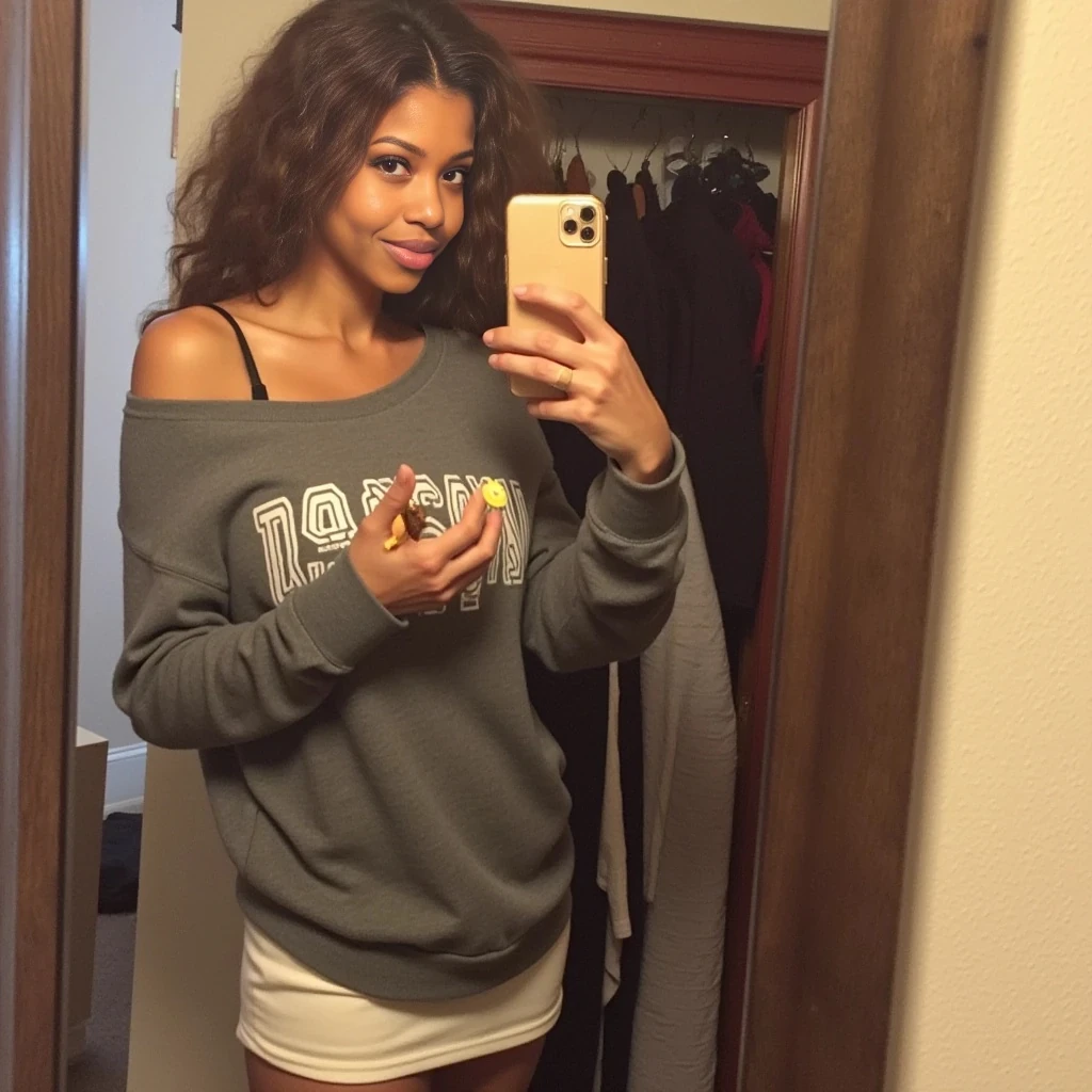 boring low quality snapchat photo circa 2015, attractive looking woman, dark-skinned, soft light brown hair, full outfit