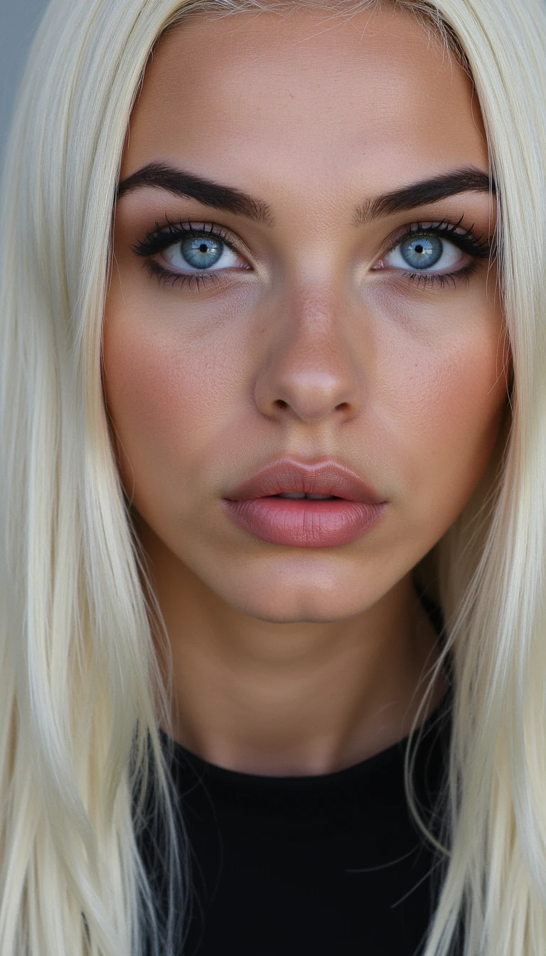 Close-up portrait of a fictional young woman with an oval face shape, slim elongated jawline, sharp contours. Head turned slightly to the side in a three-quarter view. Icy blonde straight hair, very long, sleek and shiny, parted cleanly in the middle, falling over shoulders. Baby-blue almond-shaped eyes, piercing and intense, framed by bold eyeliner and long lashes. Dark well-groomed brows with a sharp arch, enhancing a fierce look. Straight narrow nose with a defined bridge. Full lips, plump and symmetrical, with a matte nude tone, slightly pursed in a confident expression. High cheekbones and clear, flawless skin with a cool undertone, smooth texture, subtle contour. Expression: cold, strong, intimidating, confident, almost defiant. High-resolution, hyper-realistic skin, professional beauty retouch, cinematic daylight with crisp contrast.