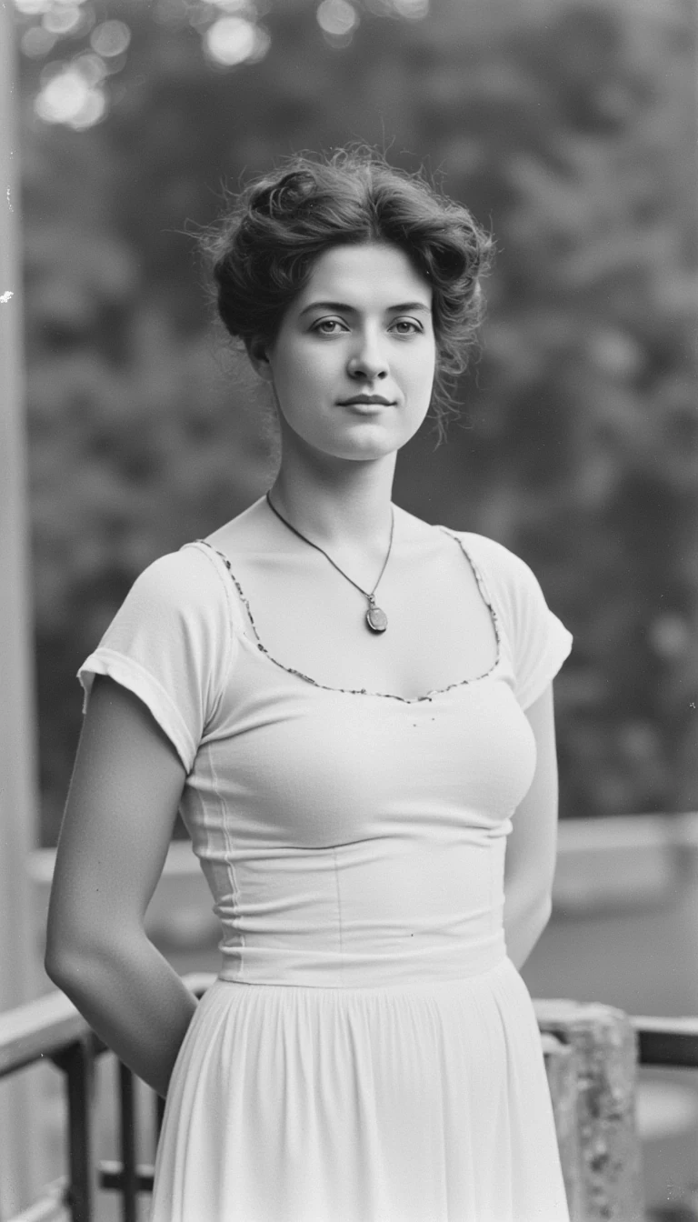 woman CSTMDL, photo ((medium)), old black and white photo, brunette, blue eyes, cold smile, 1900 covering white dress, hands behind her back, small pendant, tied hair, big breast, thin waist, cambodian khmer ruins in background