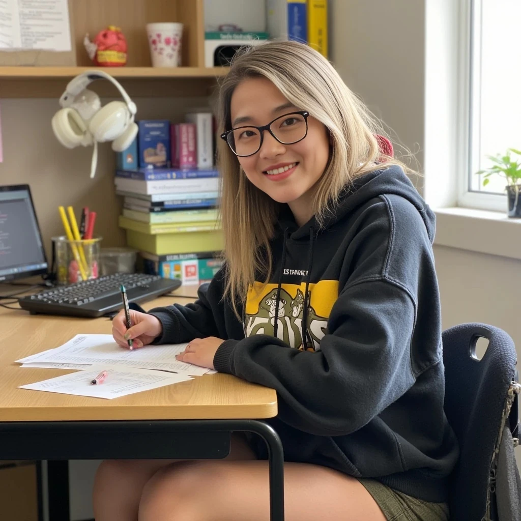 Use our Model Sydney. She is sitting at her desk studying for her upcoming test in an oversized hoodie, panties, and a pair of big glasses on. Use Sydneys face and body. 